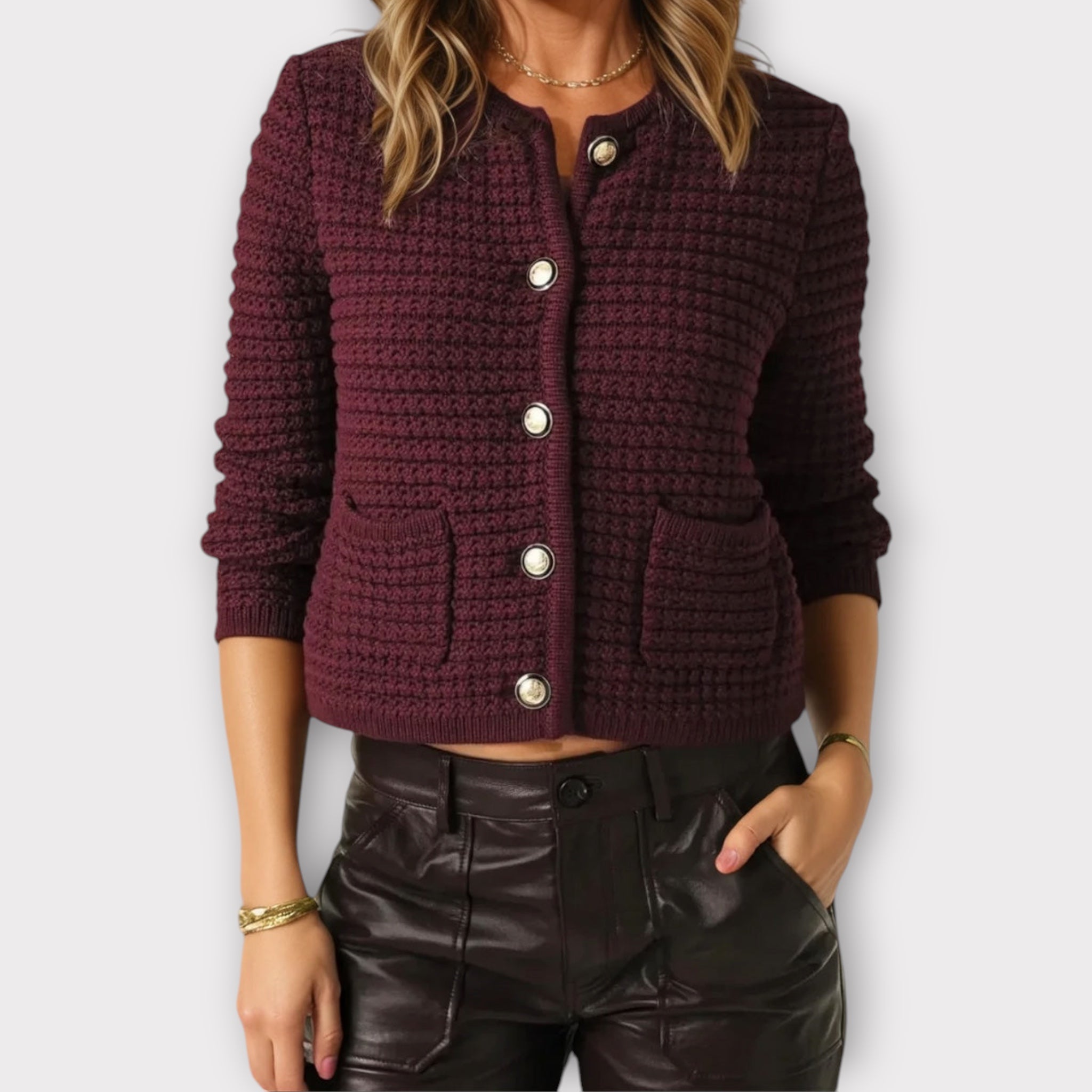 Linèa™ | Cardigan Tricoté Bordeaux à Manches Longues