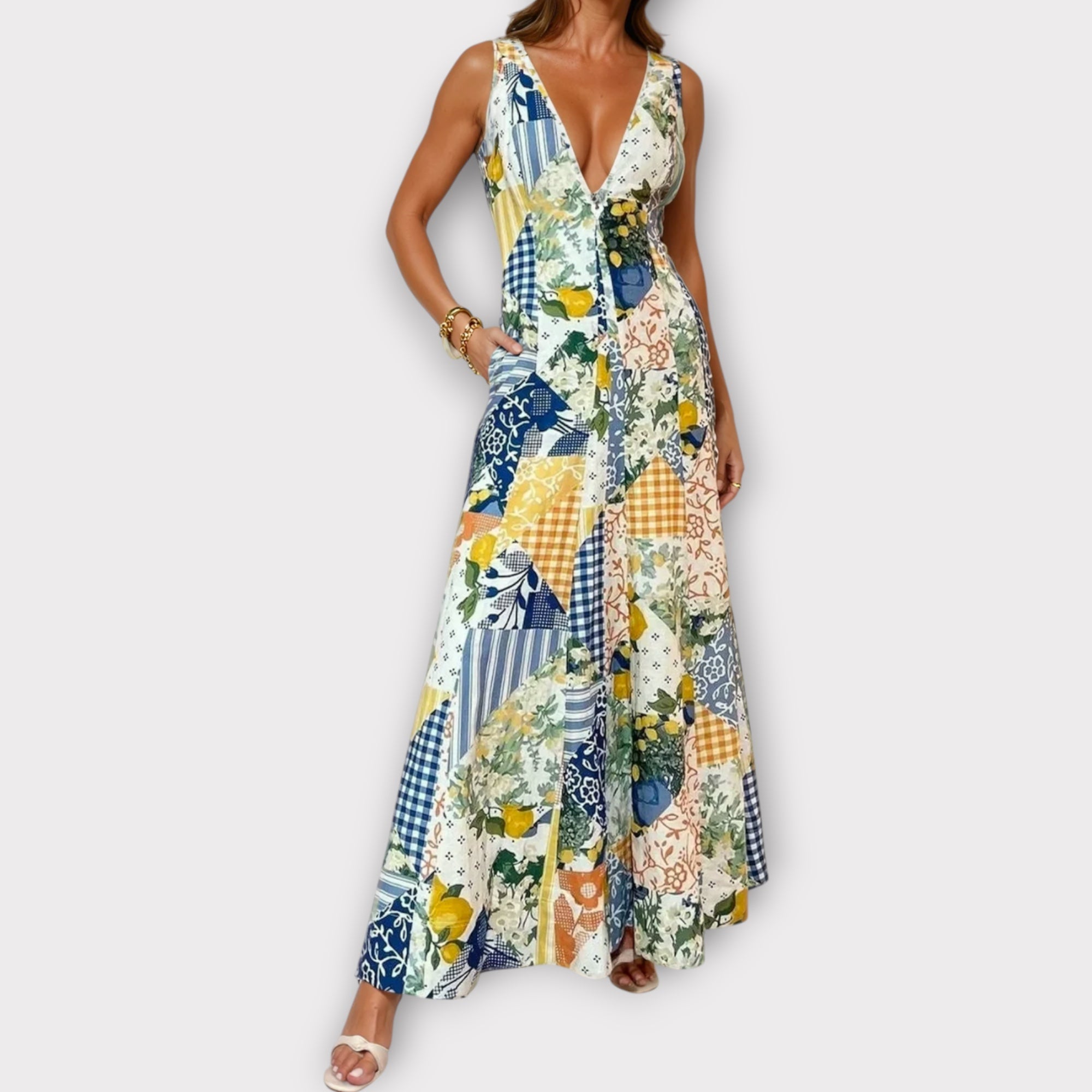 Linèa™ | Robe Longue Sans Manches Imprimé Citronnade avec Détails en Dentelle