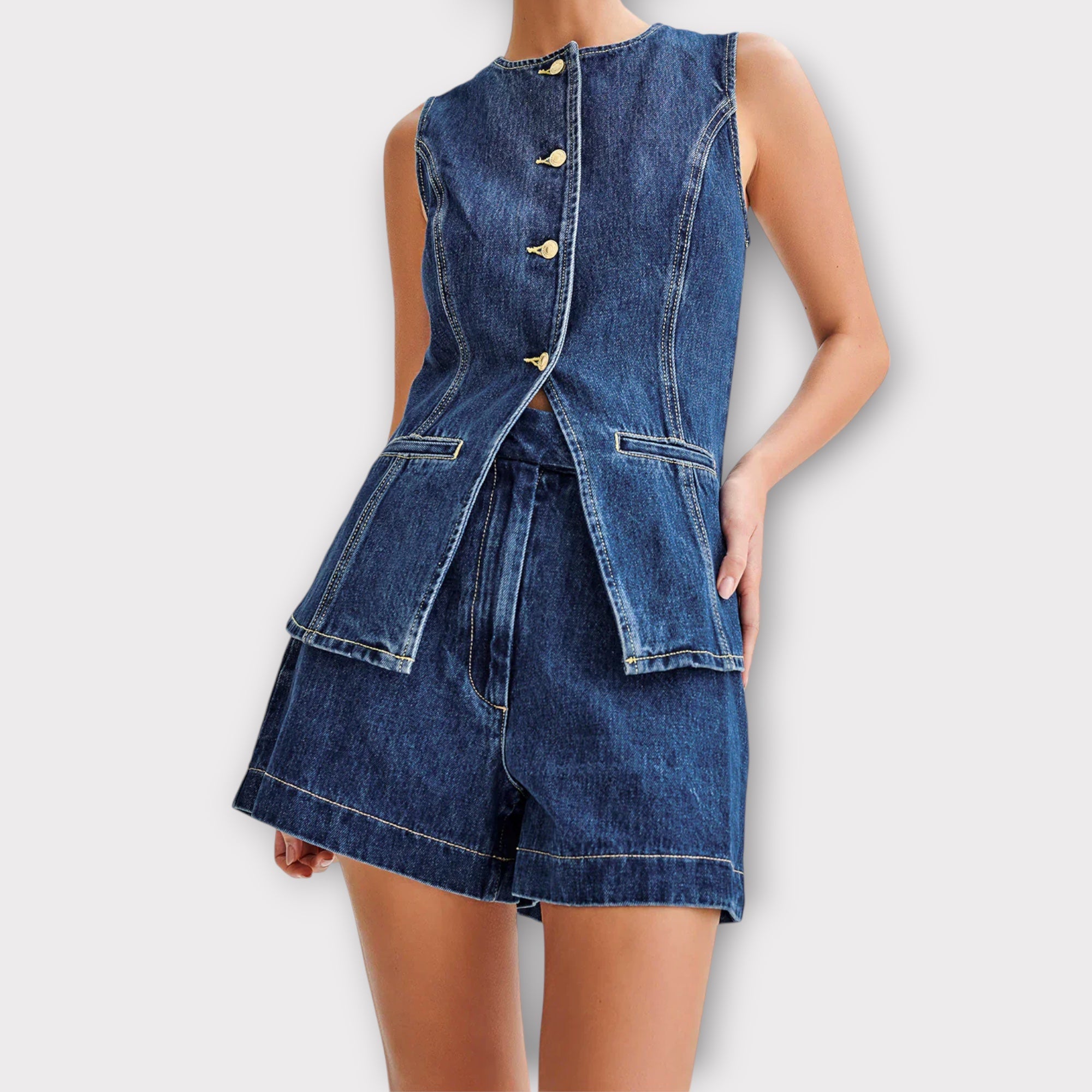 Linèa™ | Ensemble assorti en denim : gilet et shorts