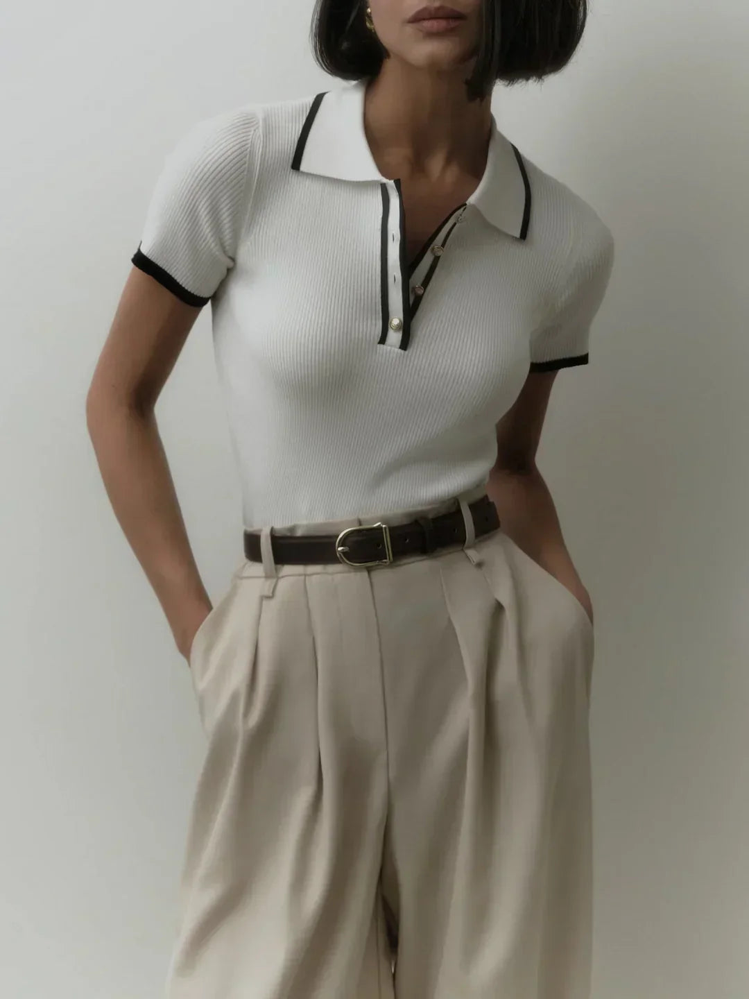 Linèa™ | Haut en tricot avec boutons métalliques et bord contrasté